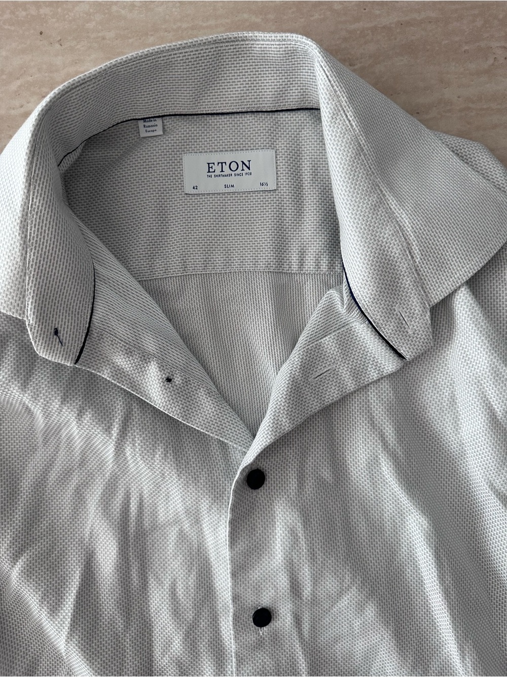 Eton Gray White Textured Dress Shirt with Navy Buttons